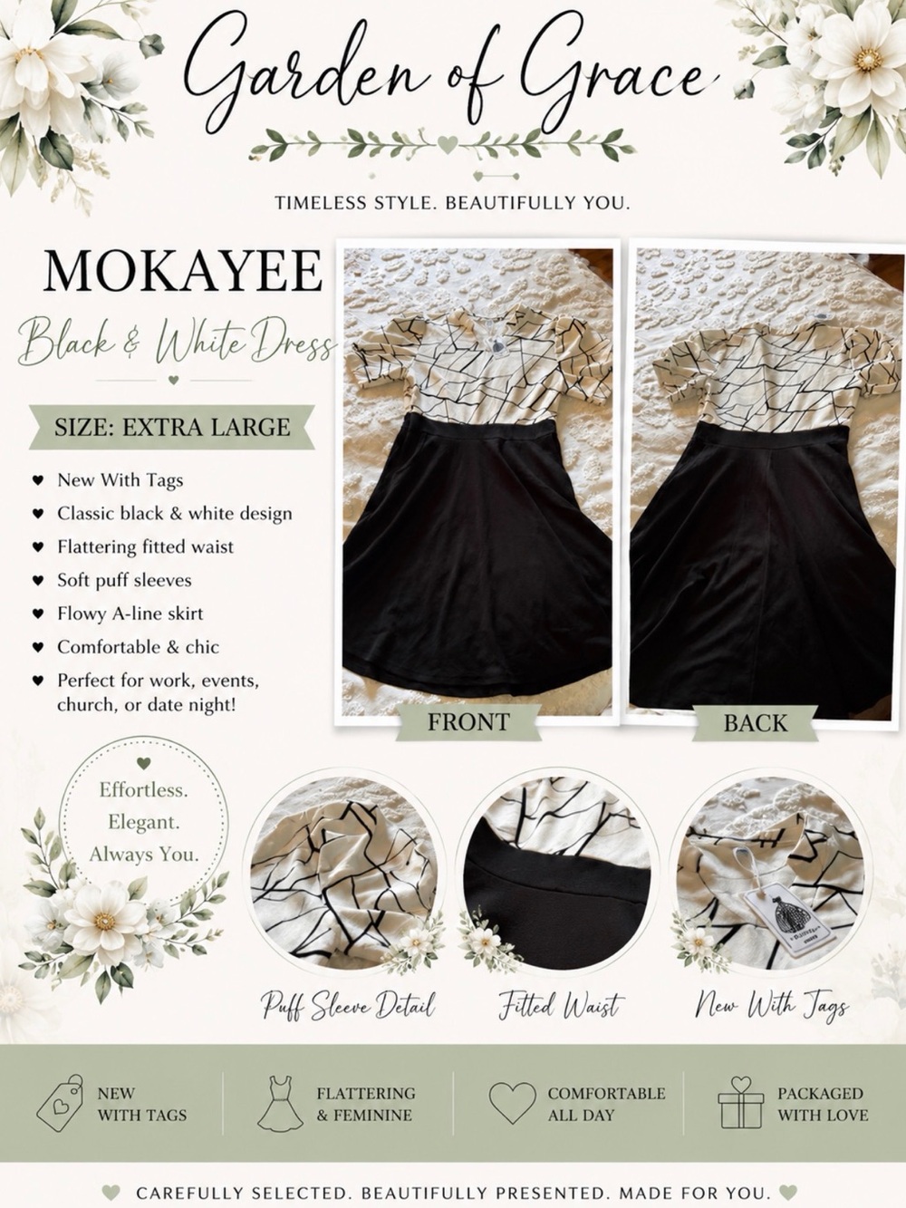 Black & White Puff Sleeve A-Line Dress